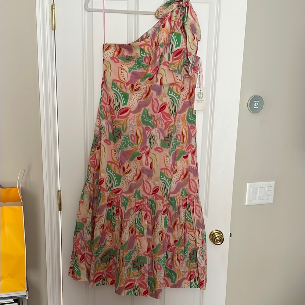 Pink Floral Asymmetrical Ruffled One-Shoulder Midi Dress from Tuckernuck